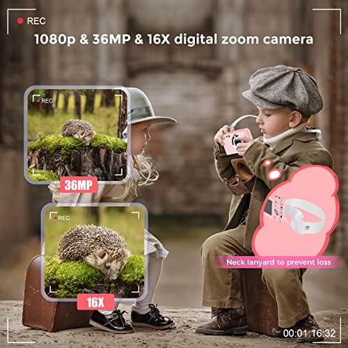 Дигитална камера, Ruahetil FHD 1080P 36MP 2,4 инчи LCD камера за волови за деца, режими за полнење 16x Zoom 2 Детска компактен фотоапарат