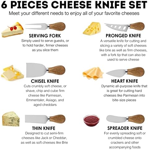 6-парчиња нож за сирење сет со кутија за подароци, колекција на ножеви од не'рѓосувачки челик, колекција на табла за чување на табла, вилушка за шипки за секач за сире