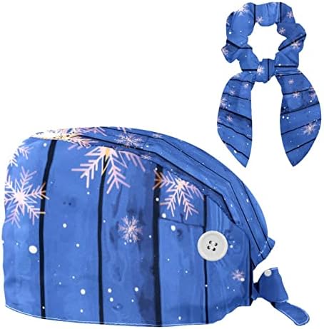 Медицински капачиња прилагодливо работно капаче со копчиња и лак за коса божиќни снегулки на сина дрвена
