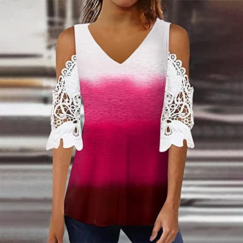 Преголеми врвови за жени, ладно рамо 3/4 ракав маичка облечена обична чипка блузи плус елегантна тунична маичка