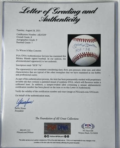 Mickey Mantle HOF 74 Потпишан бејзбол PSA/DNA LOA Auto Grade 9 Севкупно 8 - Автограмски бејзбол