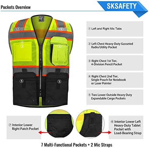 Sksafety 10 џебови Професионално ниво безбедносен елек, безбедносен елек од класа 2 со висока видливост со патент, здраво висти со рефлексивни