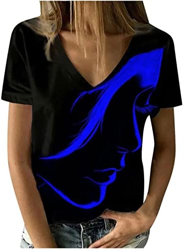 Тинејџерски девојки врвови во боја Блок Апстрактни блузи за печатење маички кратки ракави длабоки V вратот спандекс салон на врвови