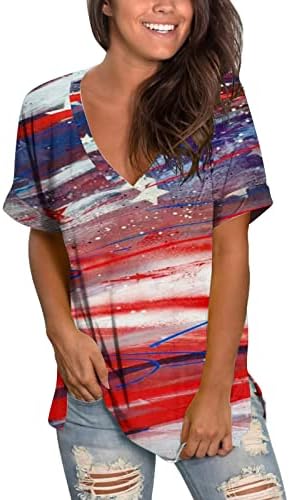 4-ти јули маички со маици за жени кратки ракави со v-врат-маица starsвезди на американски знами