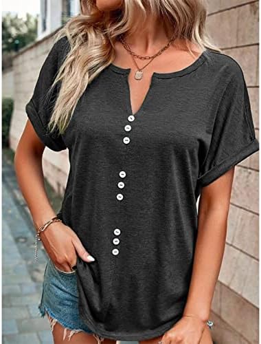 Женски маички летни трендовски цврсти бои кратки ракави со кратки ракави V-вратот за пулвер, блуза удобна памучна маичка маици врвови