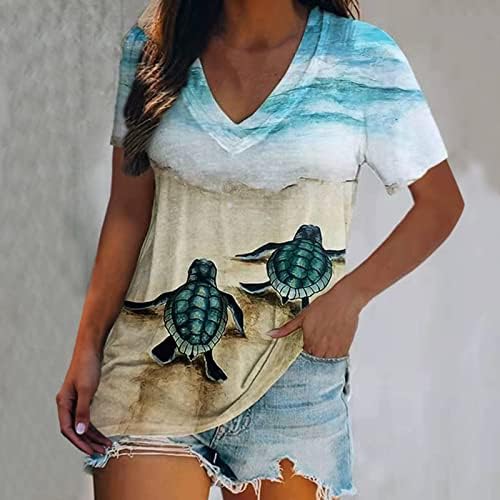 YSLMNOR Sea желка печатеше врвови за жени летни обични маички кратки ракави V вратите блузи лабава туника