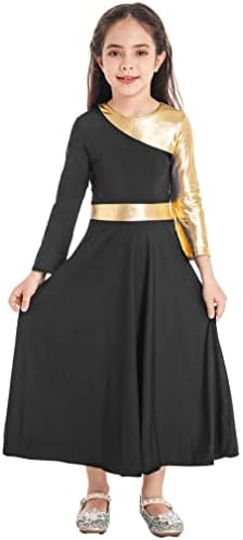FeeShow девојки металик крст литургиски пофалби танцувачки фустан лирски танцувачки бои блок со целосна должина облечена облека
