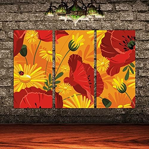 Wallидна уметност за дневна соба, афионски цвеќиња Ladybird врамени декоративно масло за сликање поставени декоративни модерни уметнички
