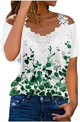 Вар зелени врвови за жени кратко ракав цветно ладно рамо длабоко V вратот чипка цветна графичка маица маица тинејџерски девојки 2023 vn