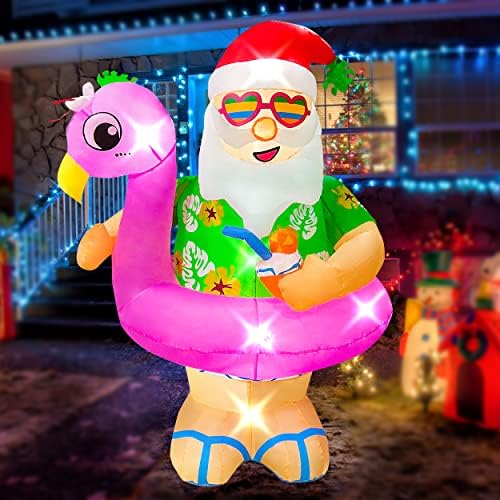 Забава забава 6ft Божиќен надувување на Хавајски Санта со декорација на фламинго базен и 6ft Божиќна надувување на хавајската поларна мечка со