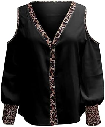 Долг ракав надвор од рамото трендовски V вратот шифон леопард печати графички врвен маица за дама кошула лето есенски жени