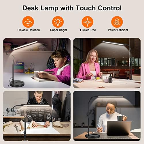 Контрола на допир LED ламба за предводена биро, 2-во-1 Гргал за стискање на ламба, биро за ламба за домашна канцеларија, 3 режими