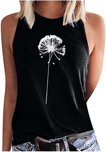 Резервоар врвот за жени Симпатична глуварче графички маички обични летни врвови без ракави, екипаж, лабава вклопена вежба за вежбање
