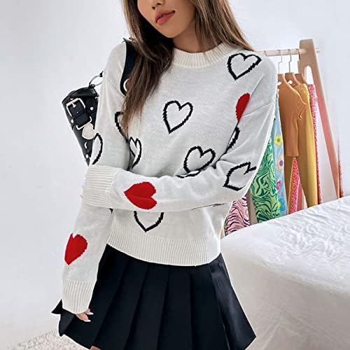 Женски џемпери за пулвер со долги ракави екипаж симпатична срце плетена џемпер на врвови за забава за Денот на вineубените