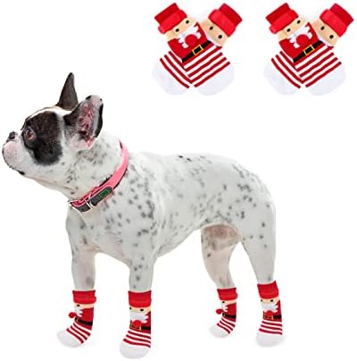 Rypet 2 пара Божиќни чорапи за кучиња кои не се лизгаат чорапи со кучиња со прилагодливи ленти за контрола на влечење за подот во