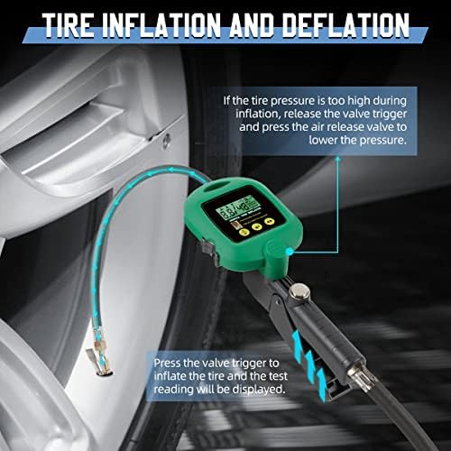Дигитална точност на мерачот на притисок на гуми ± 1% FS гума на гума со мерач на притисок, дефлатор на гуми со 28-инчен гумен воздух црево, мерач на гуми 0-174 psi мерач на в