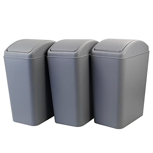 Ramddy 3-пакет 15 l за отпадоци со капакот за замав, пластична корпа за отпадоци, сива