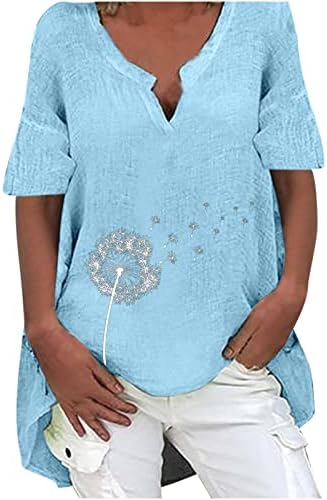 Тинејџерски девојки гроздобер врвови глуварче цветна опуштена опуштена блуза краток ракав длабок v врат постелнини обични врвови c2