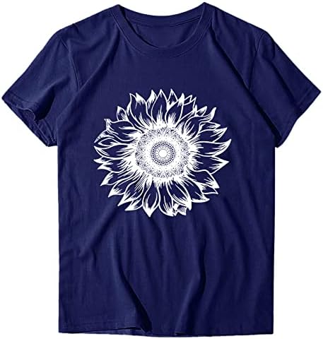 Дами летни врвови памук мешавина кратки ракави маички сончогледи lубов печатени печатени касаул лабава пулвер матични маички