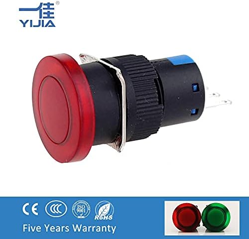 Yijia 16mm печурки осветлен прекинувач за копче за притискање црвено зелено 12V 24V 220V моментално/заклучување -