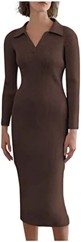Oplxuo женски долг ракав со ребрави џемпер фустан лапел v-врат тенок вклопување колено должина миди фустан мода каросерија пулвер фустани