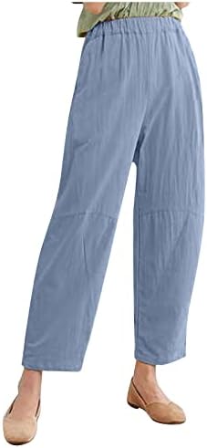 Panенски панталони летни обични памучни постелнини панталони цврсти лабави едноставни џебни панталони со високи половини