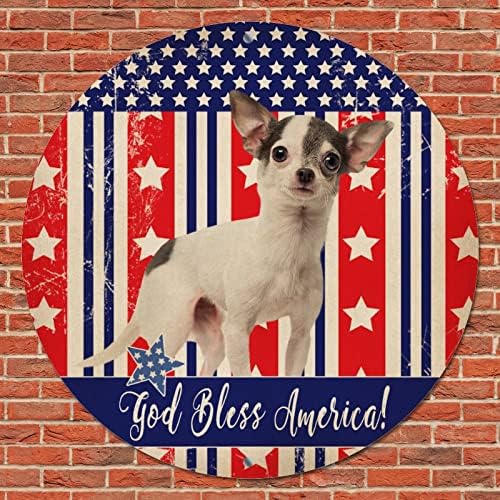 Смешна тркалезна кучиња метални калај знаци Плакета Патриотска САД знаме Господ благослови Америка ретро венец знак миленичиња кучиња