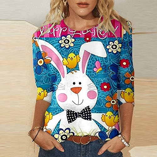 Велигденска кошула за зајаче за жени 3/4 кошули за ракави за жени слатки врвови за печатење околу вратот лабав пулвер удобно меко