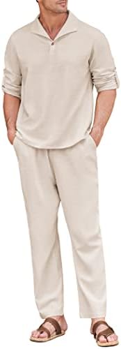 Coofandy Men 2 Piece Постави облека Обичен кошула со долги ракави на плажа и лабава лента за половината, поставува летен јога сет