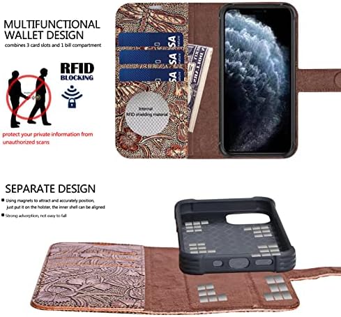 Рмаврад паричник случај за iPhone 13 pro Max Вистинска кожа 6.7 случај, Вистинска Кожа 2-Во-1 Магнетни Одвојува Шок Отпорен Случај, Флип Фолио