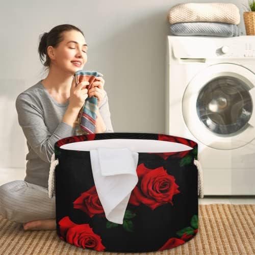Црвена роза црни големи тркалезни корпи за корпи за перење алишта со рачки за ќебе за складирање за полици за бања за организирање на
