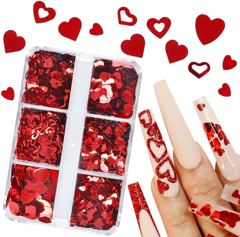 Денот на вinesубените loveубов срцеви склони за додатоци за уметност со нокти црвени сјајни снегулки привлечности француски напори за нокти