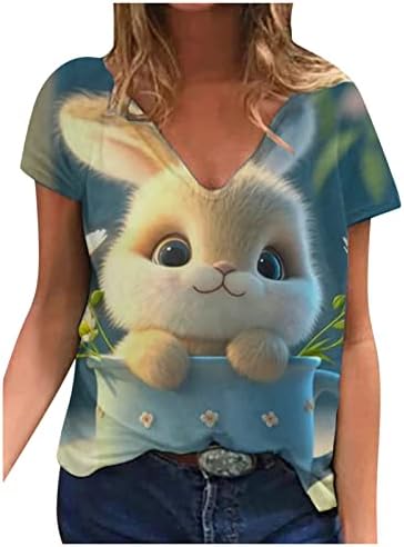 Смешни велигденски кошули за жени 2023 празнична блуза 3Д печатење симпатична кошула за зајаче лето екипаж за кратки ракави за кратки ракави врвови