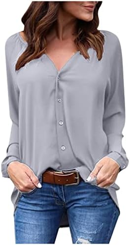 Womenените маица со долги ракави екипаж на вратот на вратот на блуза есен и зимска блуза цврста боја V вратот пулвер