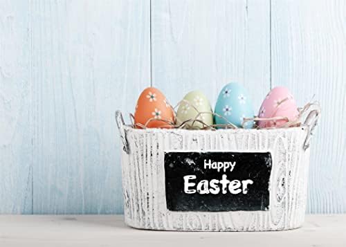 Корфото ткаенина 9x6ft Велигденска позадина фотографија дрвени подни цвеќиња насликани корпа за јајца, пролетен празник јајце пастел забава