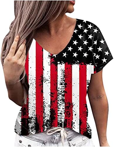 Annhoo Lounge Tees за дами кратки ракави VNECK USA Day Day Day Day Print Slim Tunic Bluses Camisole Tshirts Teen Girl