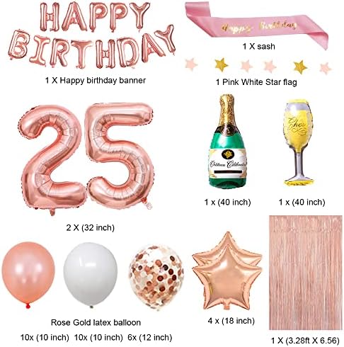Fancypartyshop 25-Ти Роденден Украси-Розово Злато Среќен Роденден Банер И Појас Со Број 25 Балони Латекс Конфети Балони Идеален За Девојче