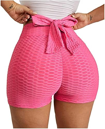 Beuu Јога шорцеви за жени цврста боја со висока половината на половината, врзани затегнати хеланки јога тренингот кратки панталони панталони лето
