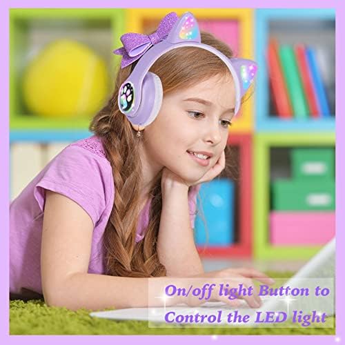 кујаон Безжични Слушалки За Уши За Мачки За Деца, LED Осветлување На Деца Девојки Bluetooth Слушалки Со Микрофон За Училиште/Патување/Спорт/Игри/Подароци/Божиќ