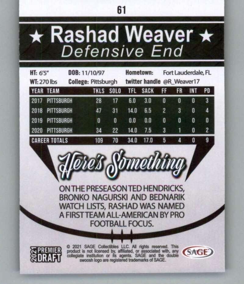 2021 Sage Hit Premier Draft Silver 61 Rashad Weaver RC RC Dookie Pittsburgh Panthers Football Trading Card
