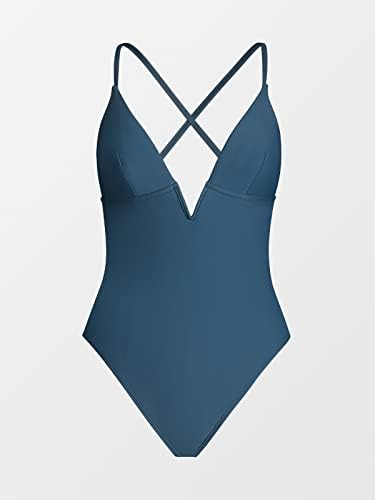 Cupshe Women Swim Cossuit Едно парче костум за капење Длабоко V вратот Crisscross Прилагодливо каиш