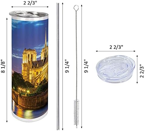 Необичен Париз 20 мл Скин Тумблер, Нотр Дам во самракот Париз Франс Риверсајд Рефлексија на водата, одраз на капакот на слама и четката за истекување,