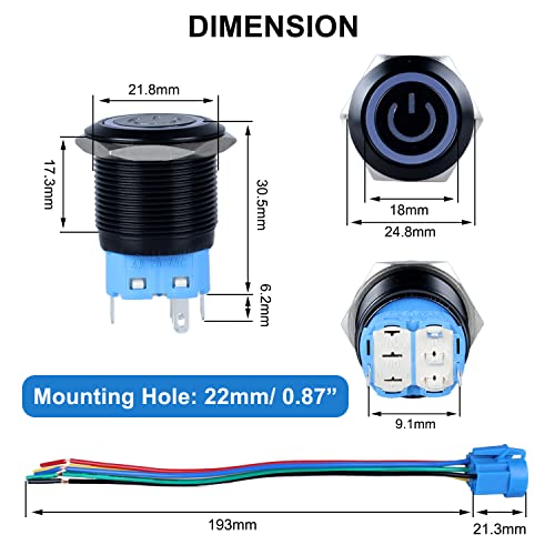 DMWD 1PC 22mm Метал водоотпорен анти-вандал моментално копче за притискање 12V-24V LED светло -оф 5pins 1NO 1NC со пред-жичен штекер