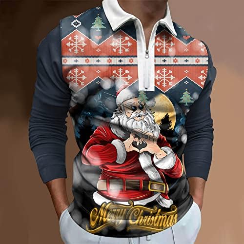 XXBR Божиќни манзии Поло кошули со долги ракави по поштенски патенти на врвови на вратот на вратот, смешни Божиќни Дедо Мраз, печатена кошула