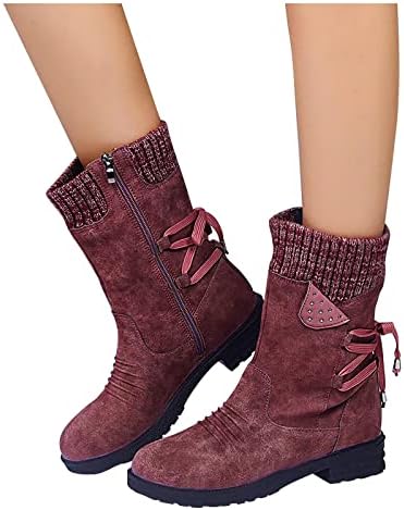 Womenените модни чевли гроздобер западни чизми обични топли ниски потпетици со средно-телевизиски чизми