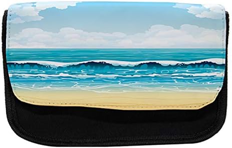 Необичен случај со молив во океанот, лето море со песочна плажа, торба со молив со ткаенини со двоен патент, 8,5 x 5,5, крем сино