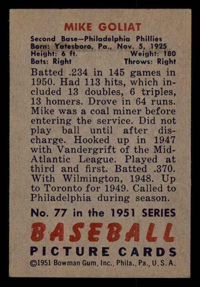 1951 Bowman 77 Mike Goliat Philadelphia Phillies VG/Ex Phillies