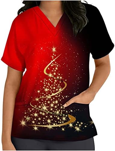 Божиќни кошули за жени обични кратки ракави V-вратот Работен униформа XMAS печатење џебна блуза Туника Врво