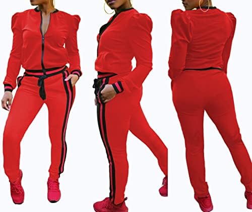Women'sенски тренерки 2 парчиња облеки Обични пуфти со долги ракави со целосна патент и панталони Спорт Поставете пот.