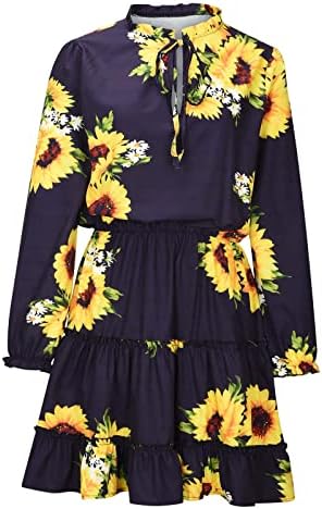 Womenените есен летен фустан облека со долг ракав чипка против вратот цветни графички миди боемски салон фустан за девојки 8s 8s